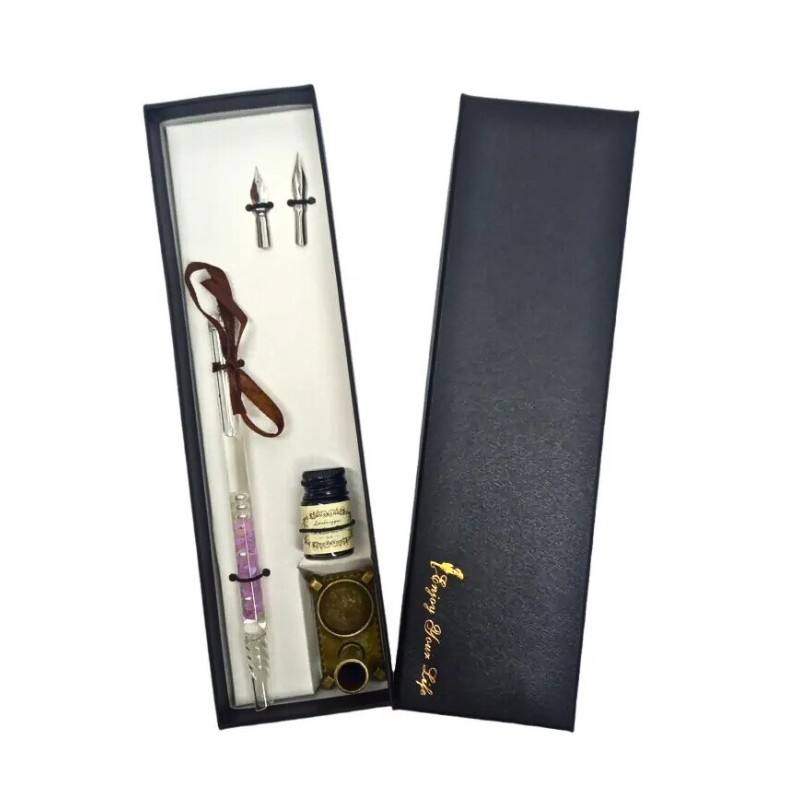 Set stilou caligrafic toc din sticla si cristale roz 2 penite calimara suport Vintage Poem Design [1]