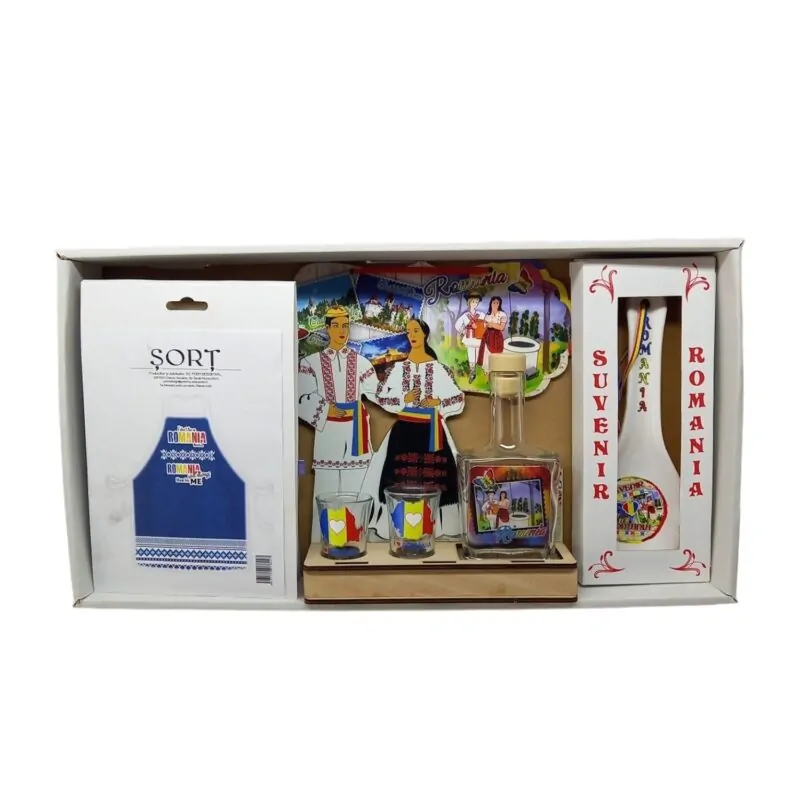 Set suvenir Romania cu sort, pahare, sticla si lingura decorativa culori diferite [4]