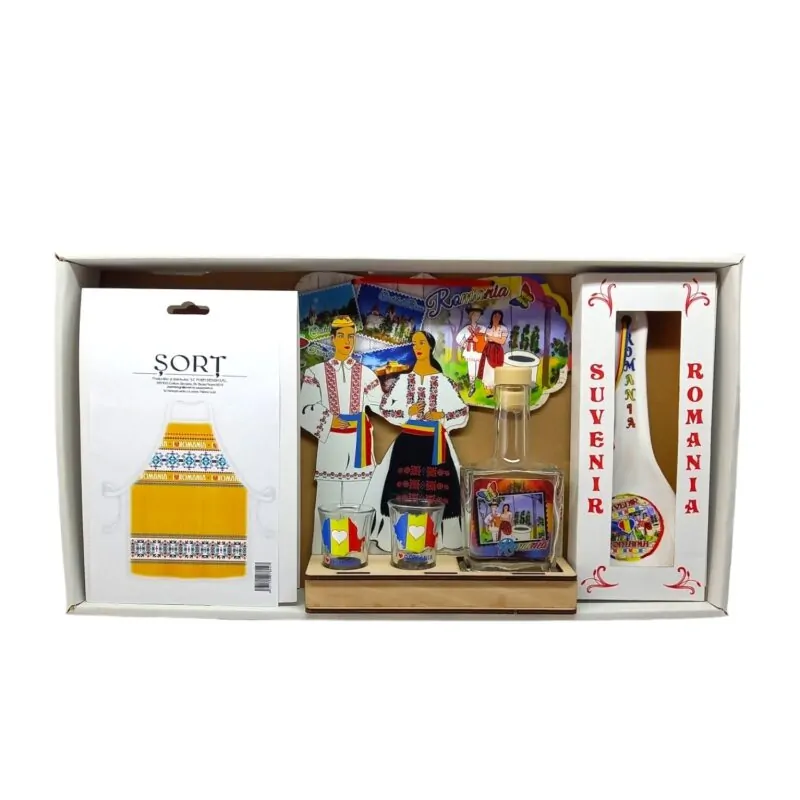 Set suvenir Romania cu sort, pahare, sticla si lingura decorativa culori diferite [3]