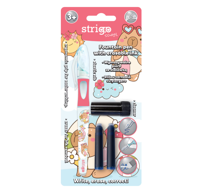 Stilou Strigo cerneala cu stergere Capybara roz + 2 rezerve + dispozitiv curatare [1]