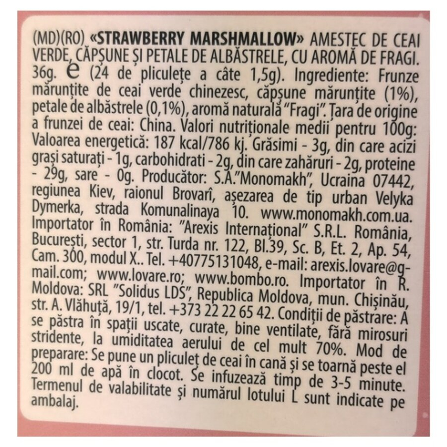 Amestec de ceai verde, fragute si petale de albastrele, cu aroma de fragi Strawberry Marshmallow 24 plicuri x 2 g Lovare [5]
