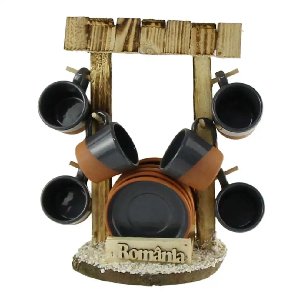 Set 6 cesti si farfurii Romania cu suport din lemn tip Fantana 30 x 15 x 32 cm [3]