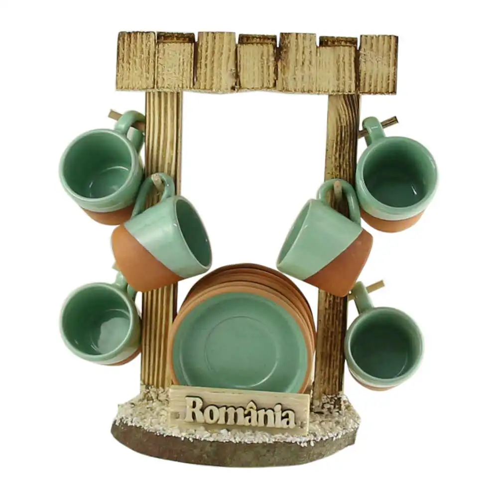 Set 6 cesti si farfurii Romania cu suport din lemn tip Fantana 30 x 15 x 32 cm [5]