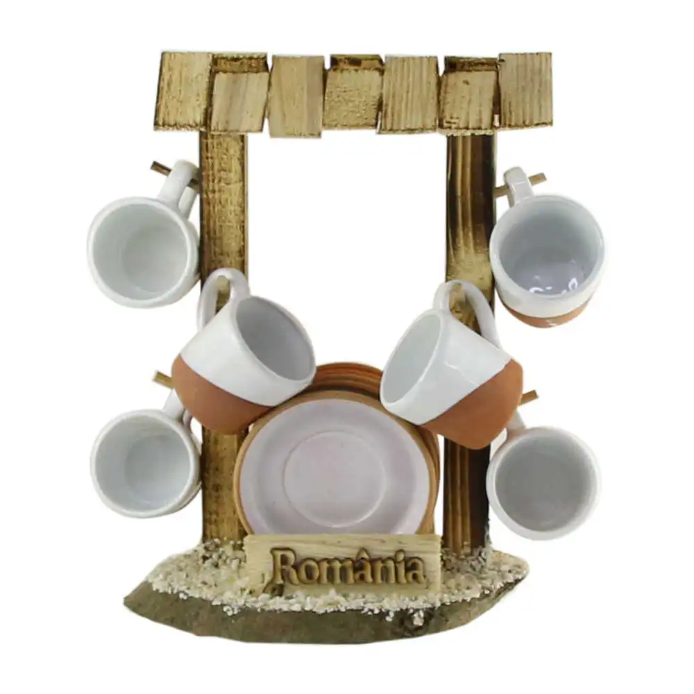 Set 6 cesti si farfurii Romania cu suport din lemn tip Fantana 30 x 15 x 32 cm [2]