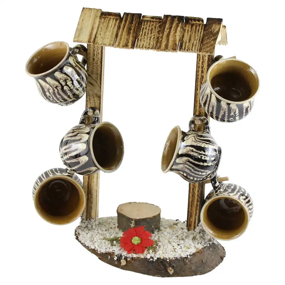 Suport din lemn cu 6 cesti din ceramica Fantana 23 x 13 x 32 cm culori diferite [4]