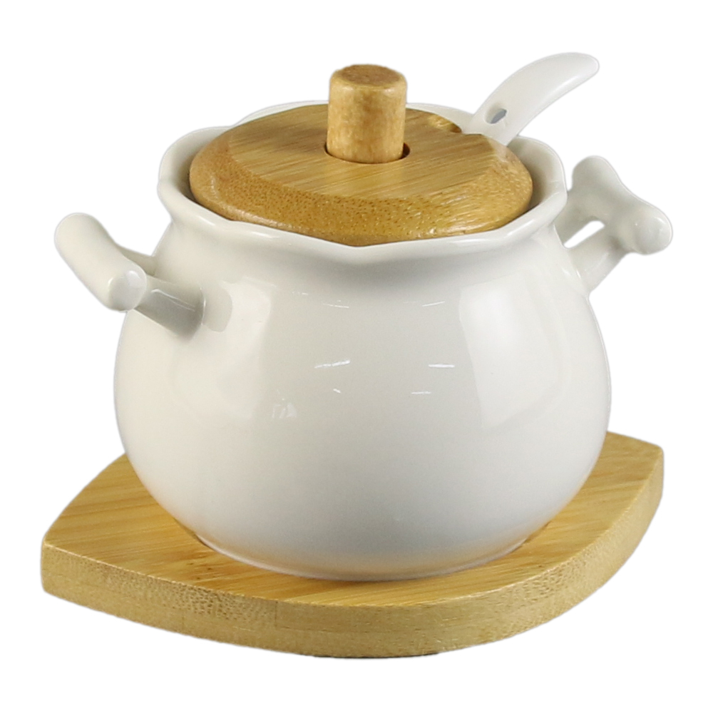 Zaharnita ceramica cu lingurita si suport bambus White [1]