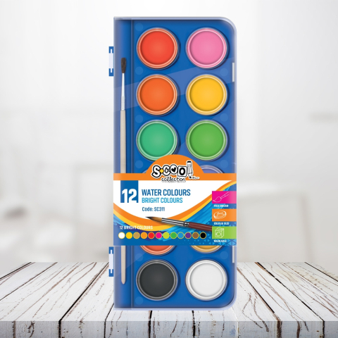 Acuarele școlare și Tempera - Acuarele 12 culori + pensula 28 mm S-Cool