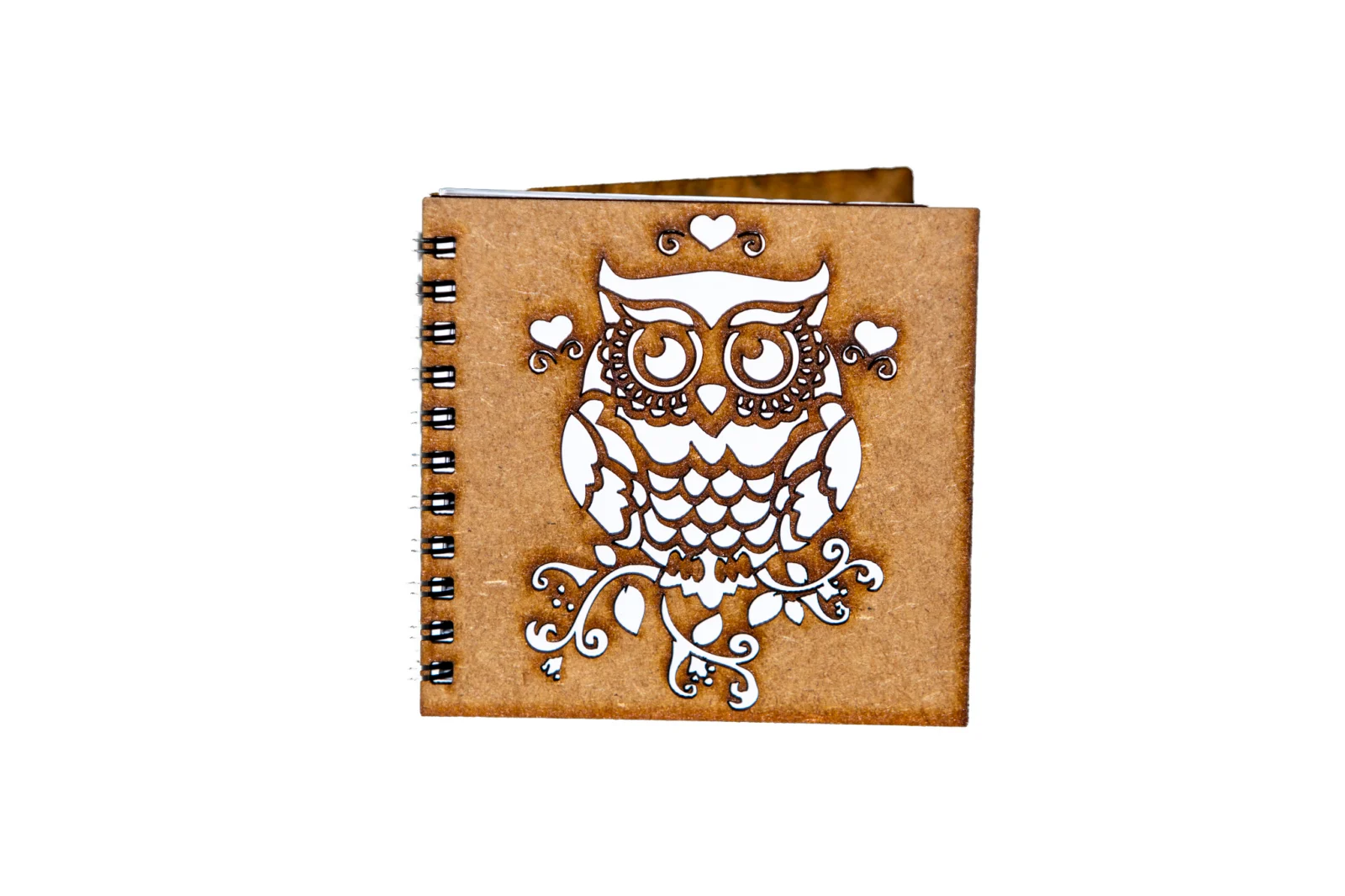 Noutăți Librăria Compas - Agenda personalizata din lemn cu bufnita cu inimioare 10 x 10 cm
