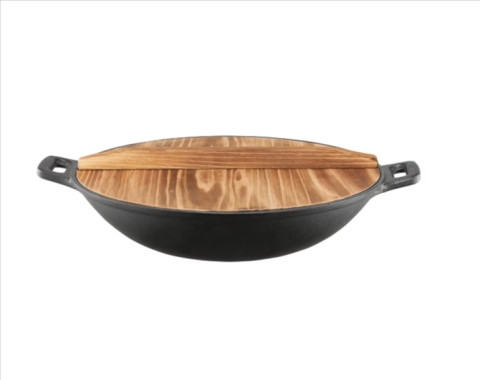 Articole pentru bucătărie - Tigaie wok AMBITION Iron cu capac din lemn fonta 32 cm