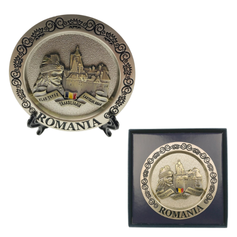 Souvenir România - Aplica in forma de farfurie metalica 8 cm Castelul Bran