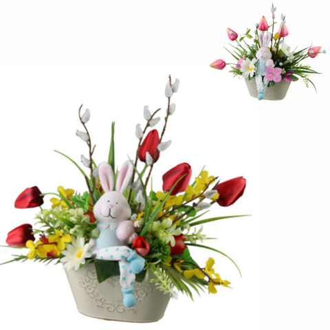 Aranjamente florale - Aranjament floral de Paste cu iepuras din ceramica 35 x 30 cm