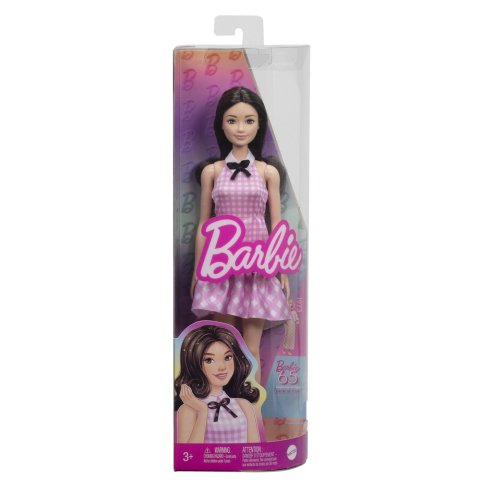 Păpuși și accesorii - BARBIE PAPUSA BARBIE FASHIONISTAS BRUNETA CU ROCHIE ROZ IN CAROURI