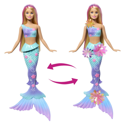 BARBIE PAPUSA SIRENA FLOARE MAGICA CU PAR BLOND SI COADA ALBASTRA [4]
