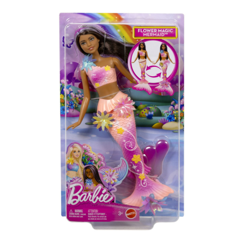 Păpuși și accesorii - BARBIE PAPUSA SIRENA FLOAREA MAGICA CU PAR BRUNET SI COADA ROZ