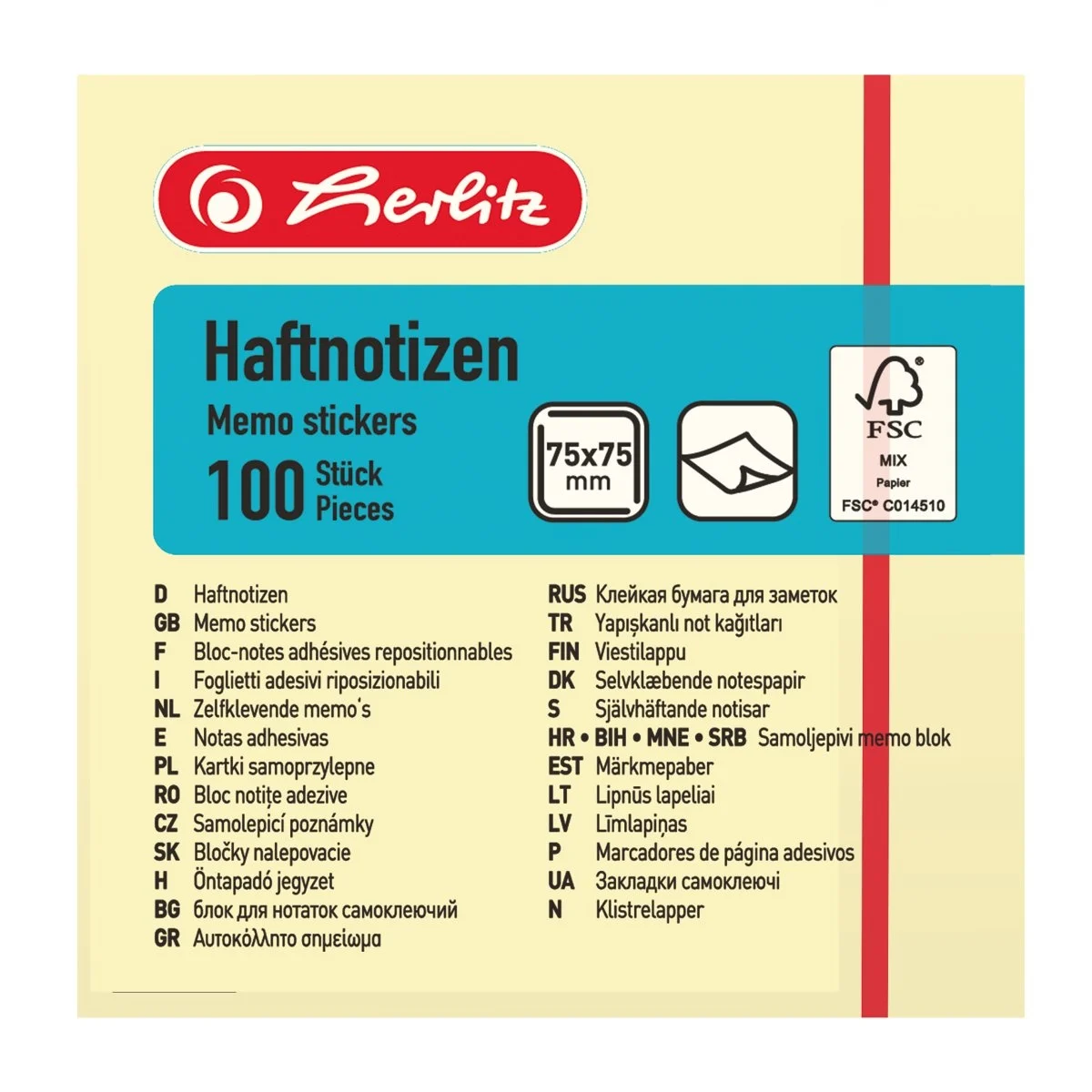 Note adezive - Bloc notite adezive 75x75 mm 100 file galben Herlitz