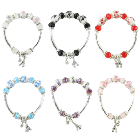 Accesorii personale și beauty - Bratara elastica din margele florale si pandativ Turnul Eiffel diverse culori
