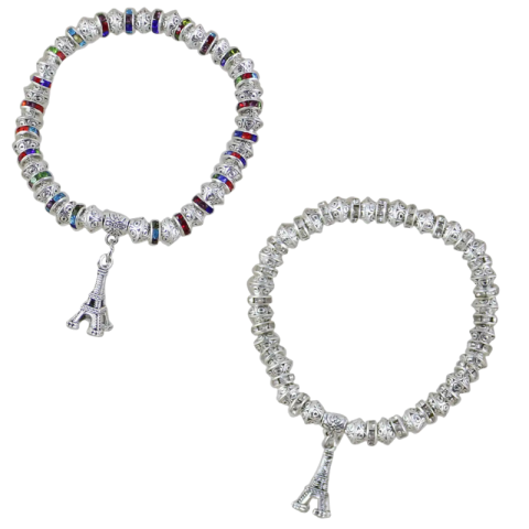 Accesorii personale și beauty - Bratara elastica din margele metalice cu pandativ Turnul Eiffel