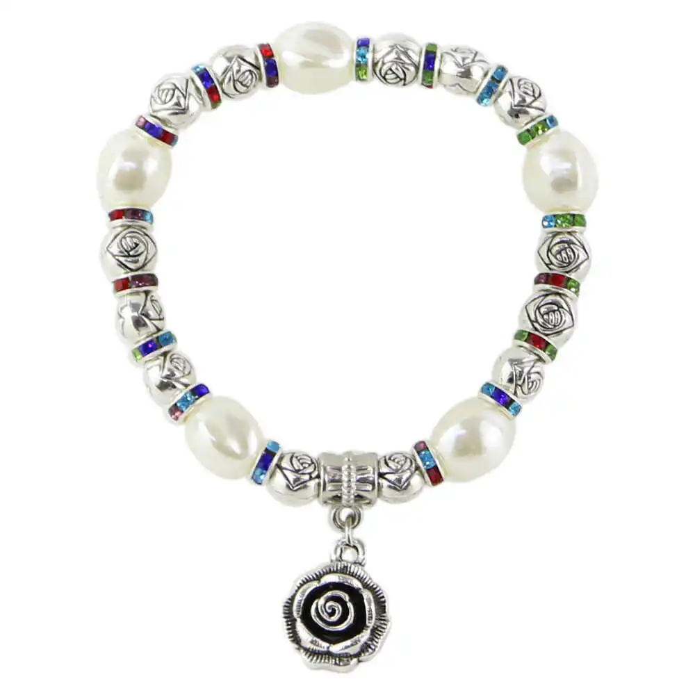 Accesorii personale și beauty - Bratara elastica din margele metalice cu pandantiv trandafir