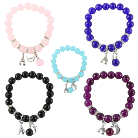 Accesorii personale și beauty - Bratara elastica din margele cu pandantiv Luna si Turnul Eiffel