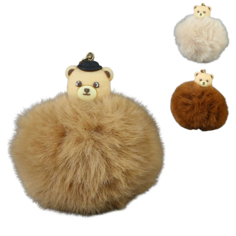 Brelocuri - Breloc cu pompon pufos Ursulet 8 x 9 cm culori diferite