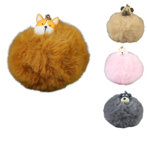 Brelocuri - Breloc cu pompon pufos catel 9 cm culori diferite