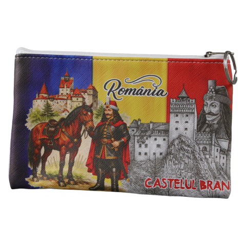 Casă și decorațiuni - Breloc tip gentuta suvenir Romania cu fermoar si breloc 17x10.5 cm Castelul Bran