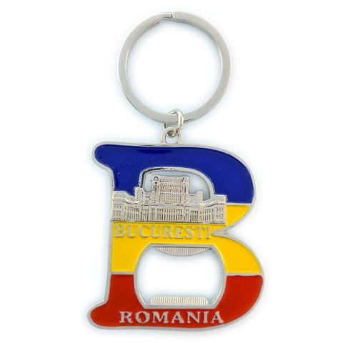 Brelocuri - Breloc Bucuresti metalic tricolor cu Palatul Parlamentului 5x9 cm