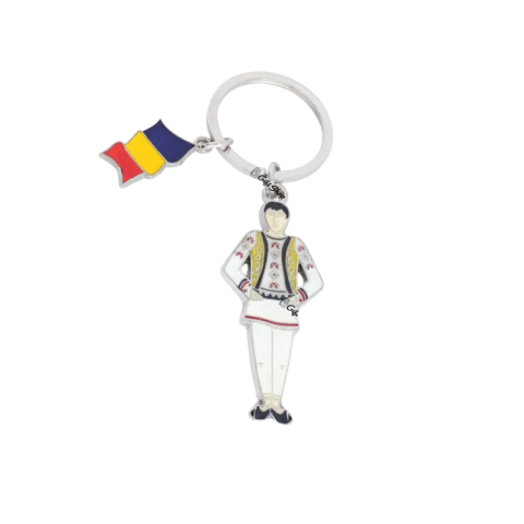 Brelocuri - Breloc din metal costum traditional barbat si drapelul Romaniei 9 cm