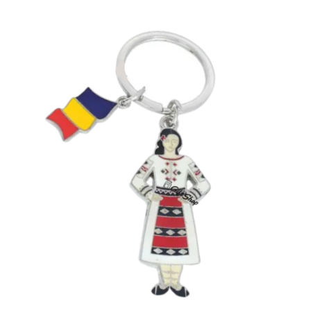 Noutăți Librăria Compas - Breloc din metal costum traditional femeie si drapelul Romaniei 9 cm