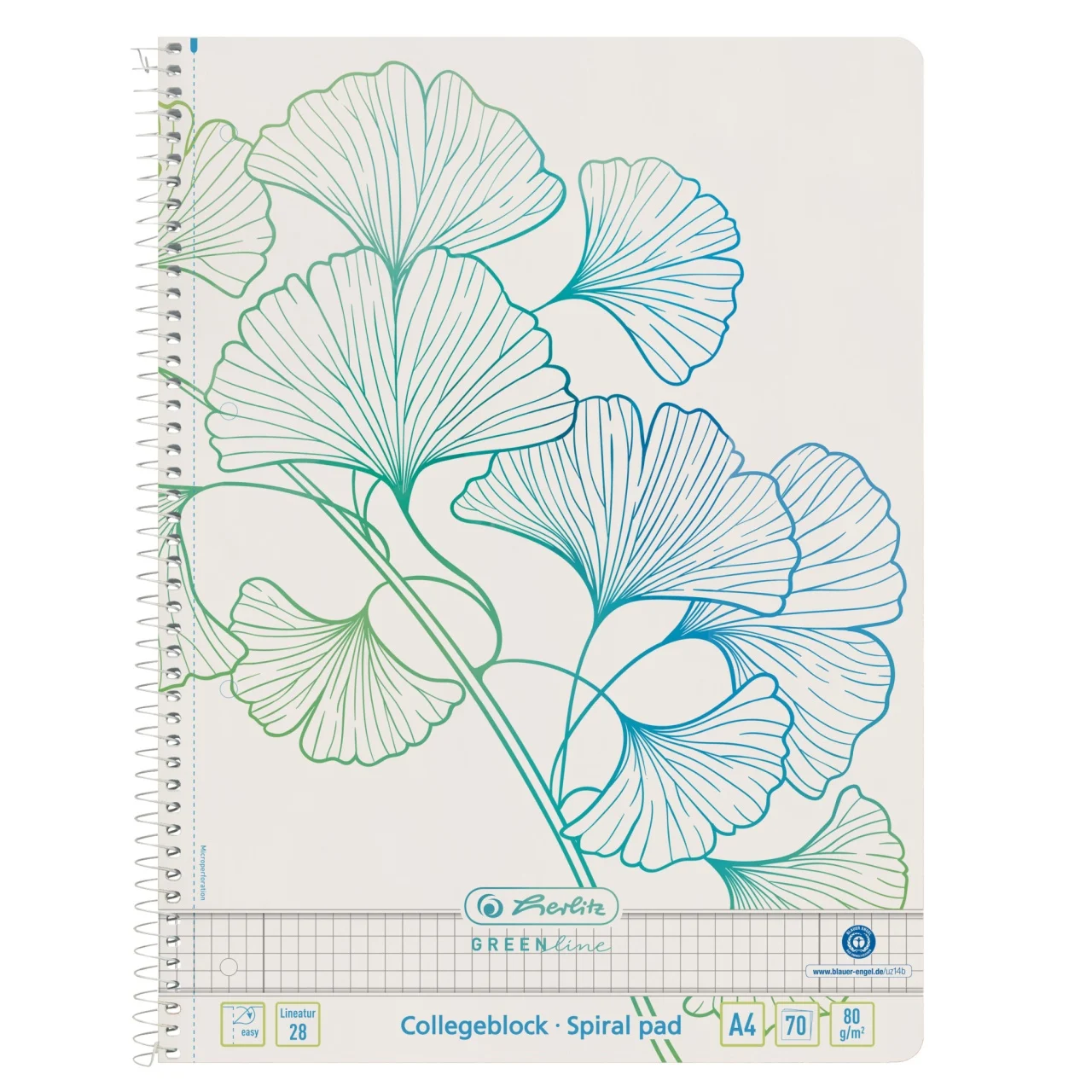 Caiete școlare și hârtie - Caiet A4 70 file spirala matematica Ginkgo Greenline Herlitz