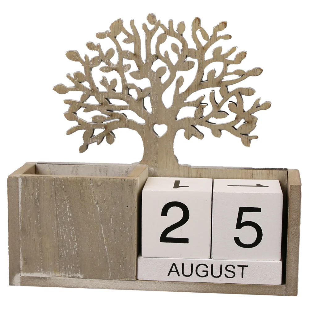 Ornamente și figurine decorative - Calendar perpetuu din lemn cu suport creioane 15x14 cm Copacul vietii
