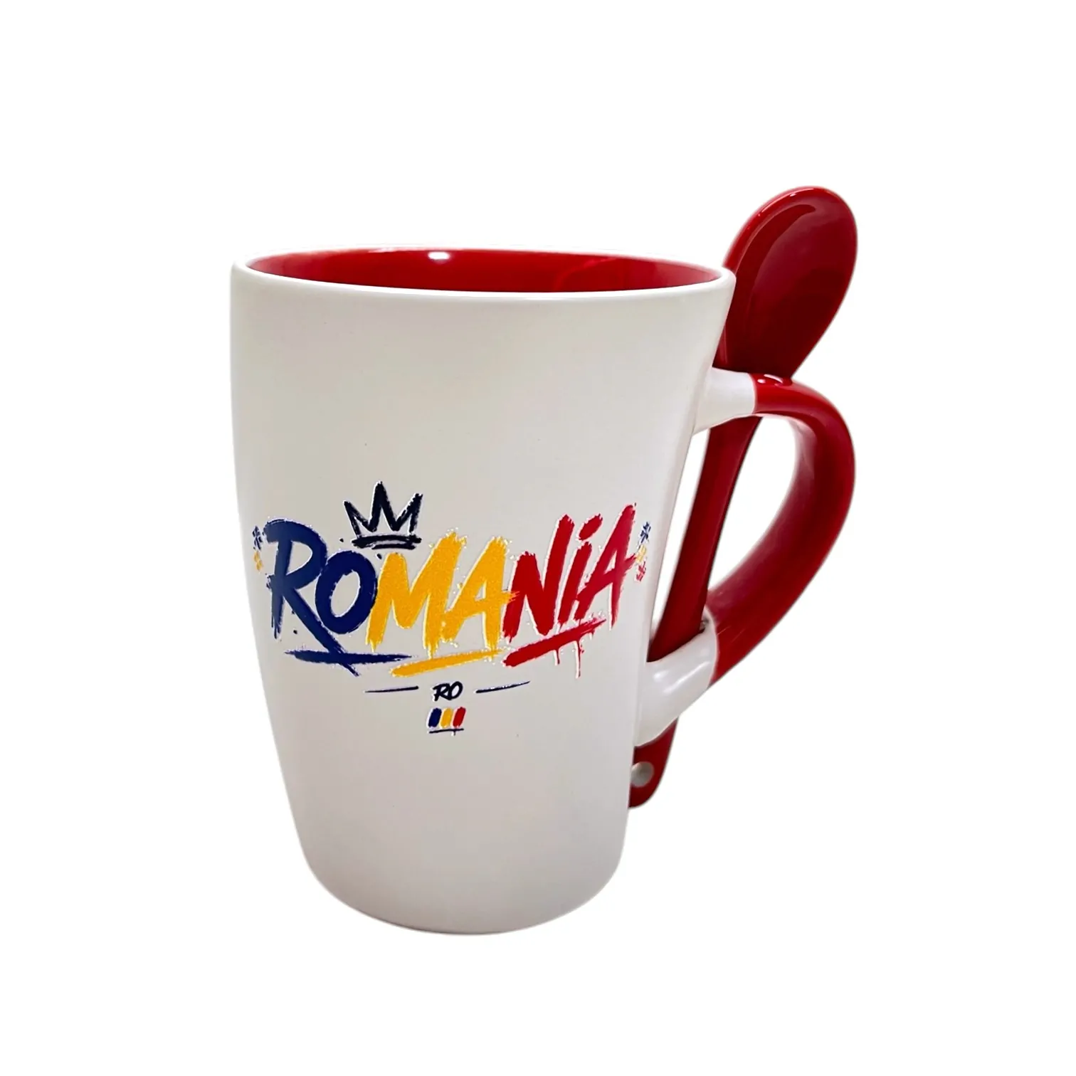 Căni și pahare - Cana ceramica Romania cu lingurita rosie