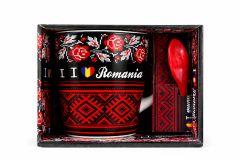 Căni și pahare - Cana ceramica cu lingurita I love Romania in cutie decorativa