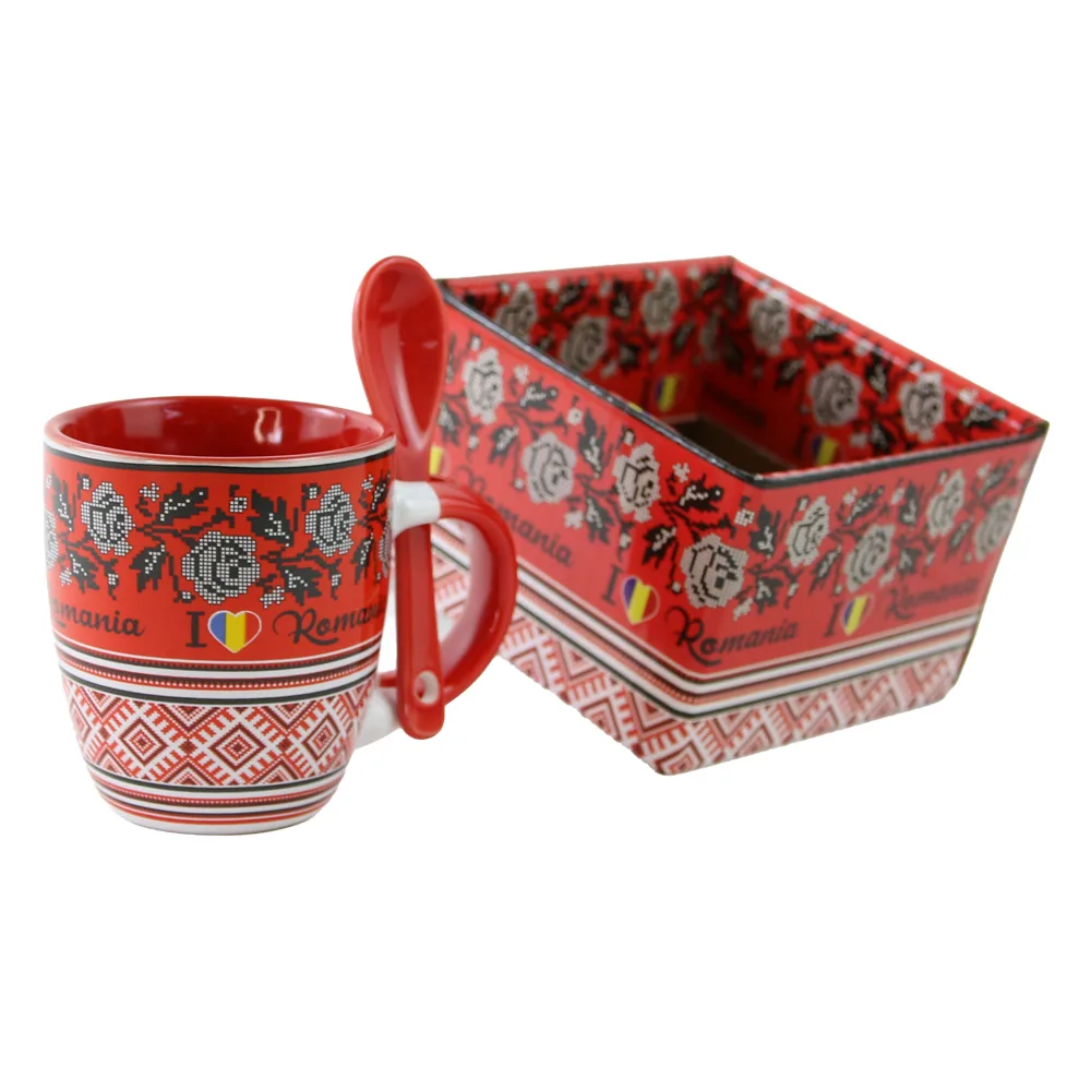 Căni și pahare - Cana din ceramica cu lingurita Romania 90 ml motive traditionale