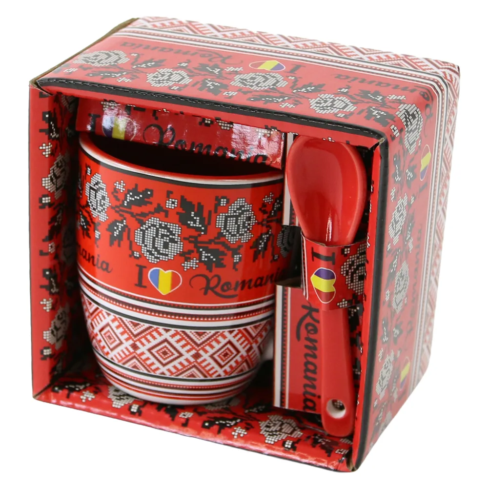 Cana din ceramica cu lingurita Romania 90 ml motive traditionale [1]