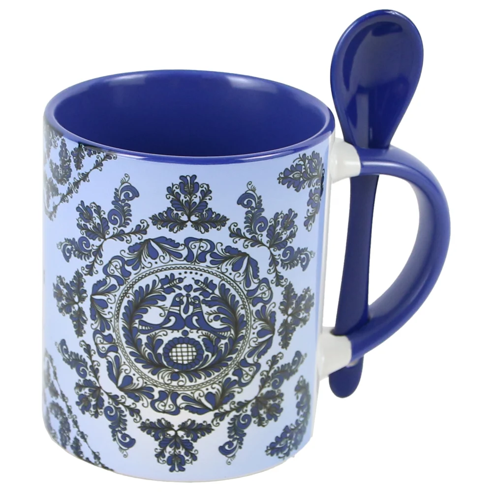 Casă și decorațiuni - Cana ceramica cu lingurita 330 ml albastru motive traditionale