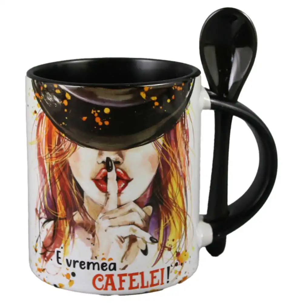 Căni și pahare - Cana ceramica 330 ml cu lingurita „E vremea Cafelei!”