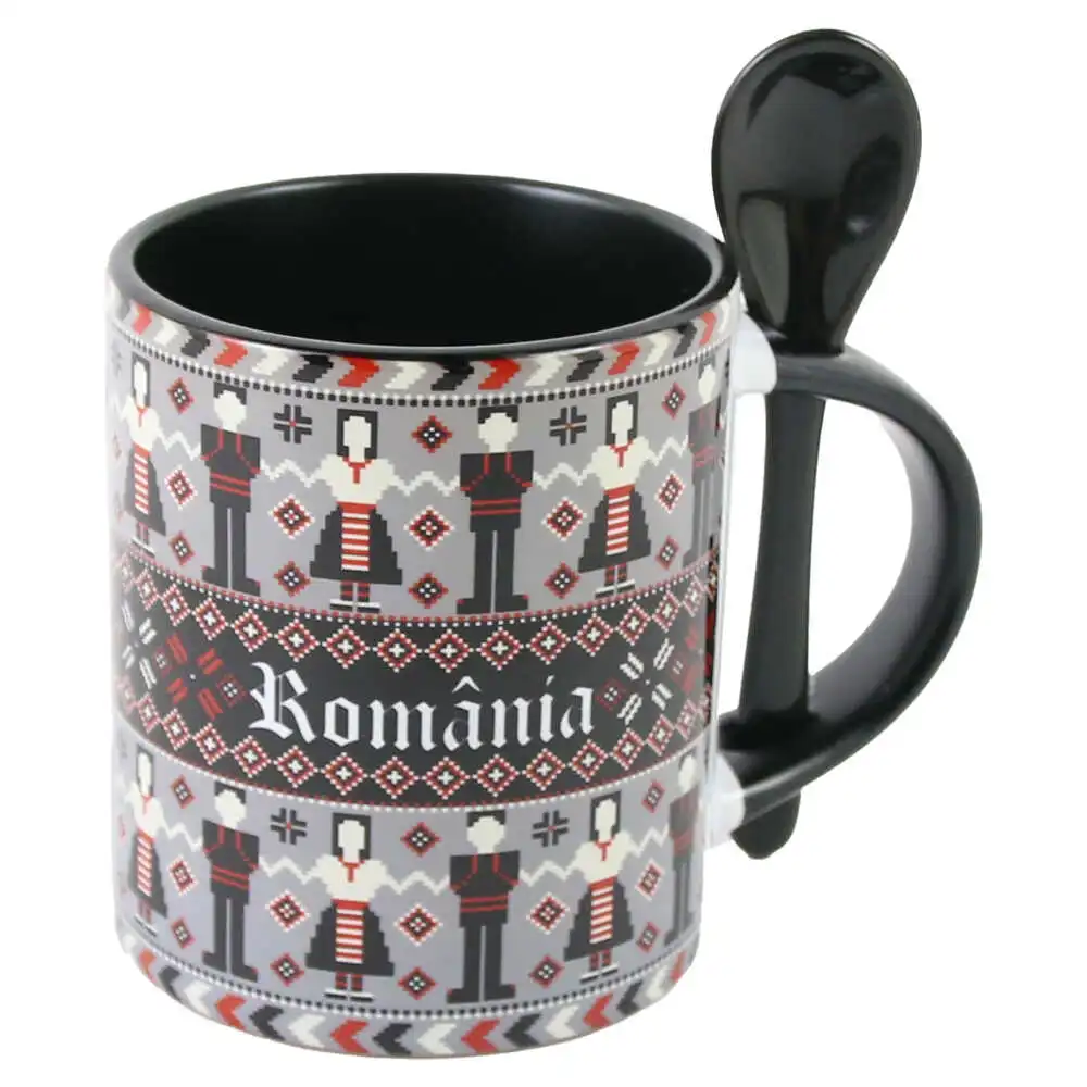 Căni și pahare - Cana ceramica cu lingurita Romania dansatori negru 330 ml