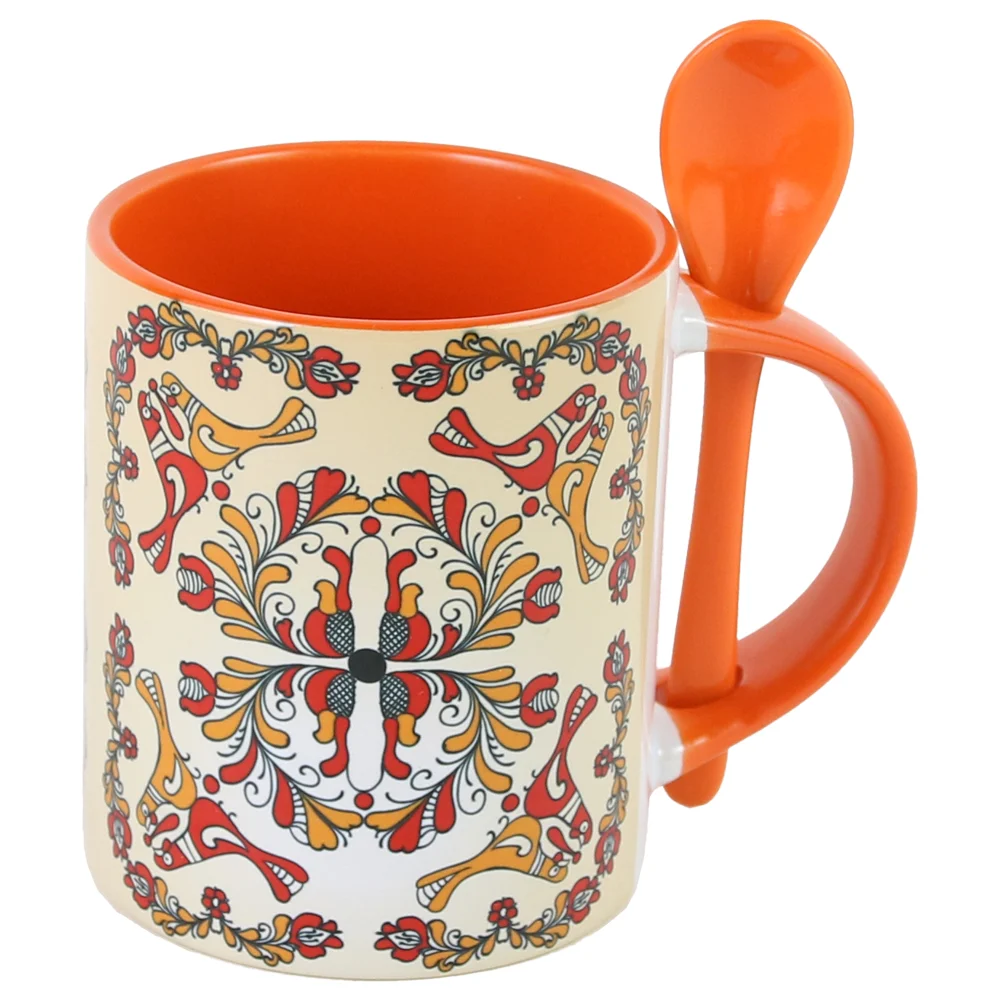 Căni și pahare - Cana ceramica cu lingurita 330 ml portocaliu motive traditionale