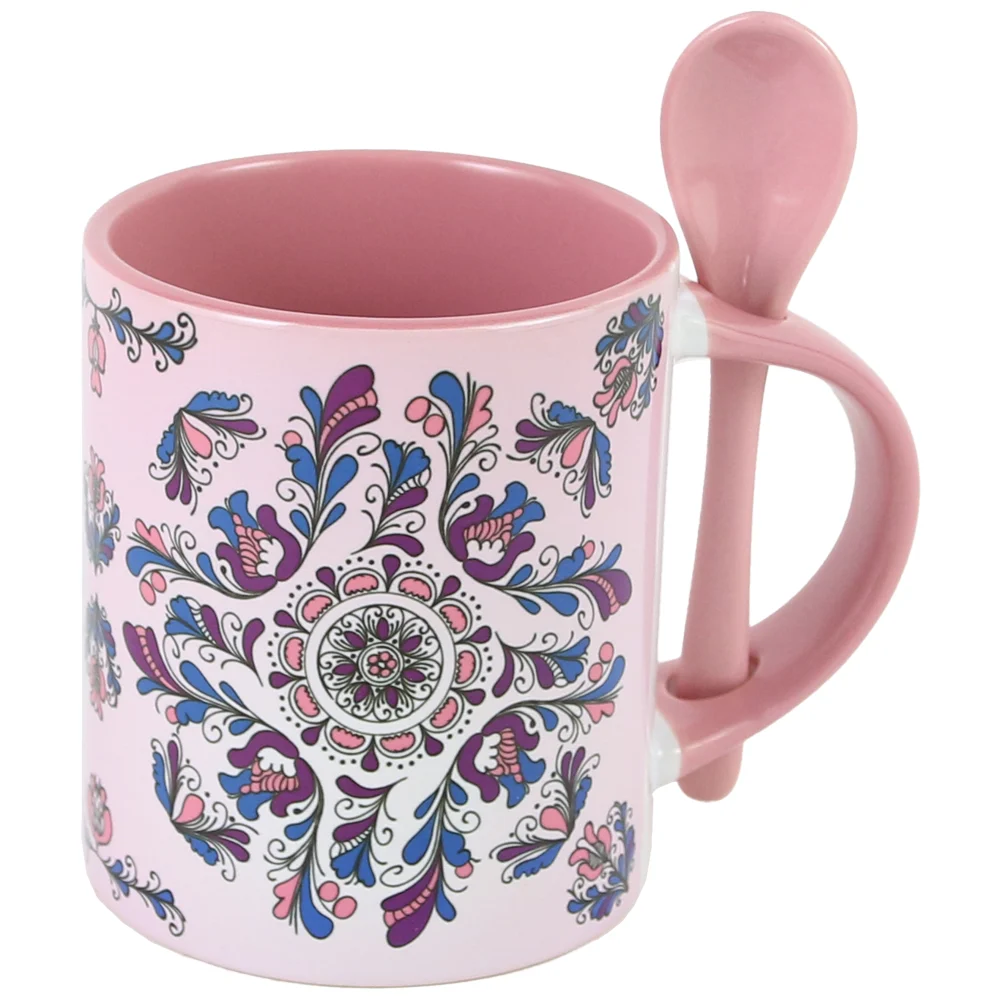Căni și pahare - Cana ceramica cu lingurita 330 ml roz motive traditionale