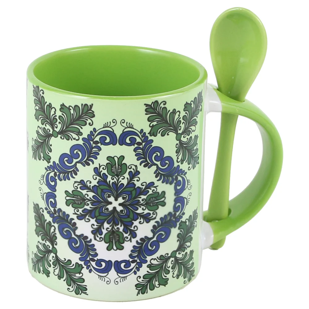 Noutăți Librăria Compas - Cana ceramica cu lingurita 330 ml verde motive traditionale