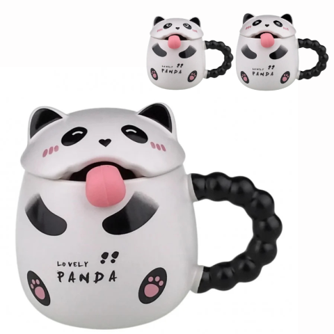 Casă și decorațiuni - Cana ceramica panda cu capac si lingurita 9x11 cm