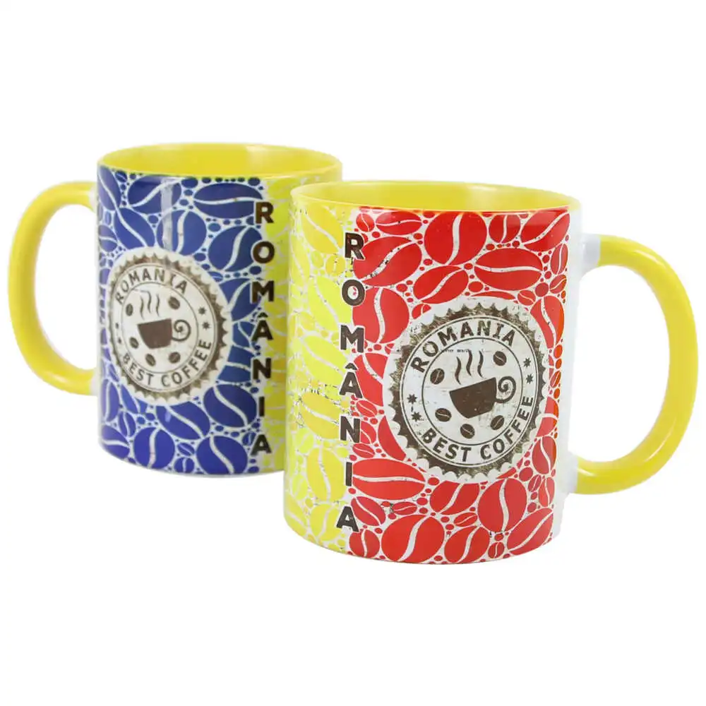 Căni și pahare - Cana ceramica Romania Best Coffee tricolor 330 ml