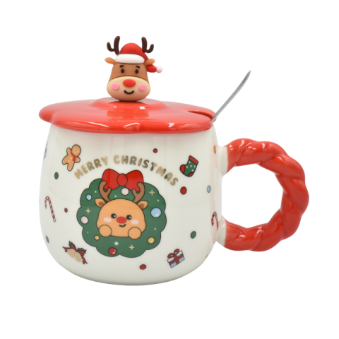 Căni și veselă Crăciun - Cana Craciun cu capac si lingurita in cutie decorativa 420 ml