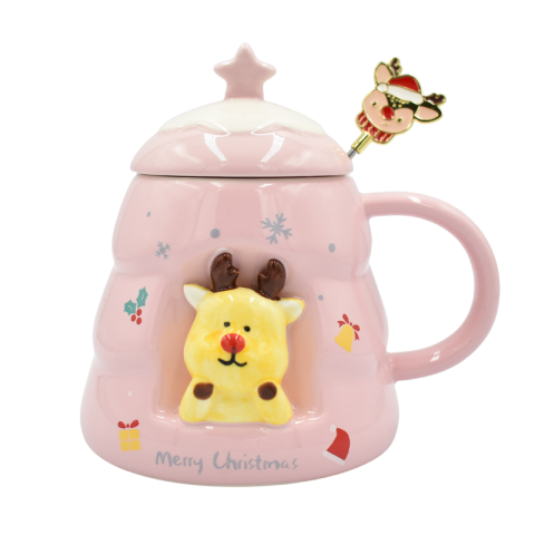 Decorațiuni de interior - Cana Craciun cu capac si lingurita 470 ml roz