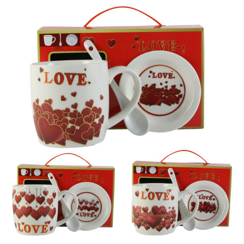 Casă și decorațiuni - Cana cu farfurie si lingurita din ceramica Love inimioare 20 x 8 x 12 cm modele diferite