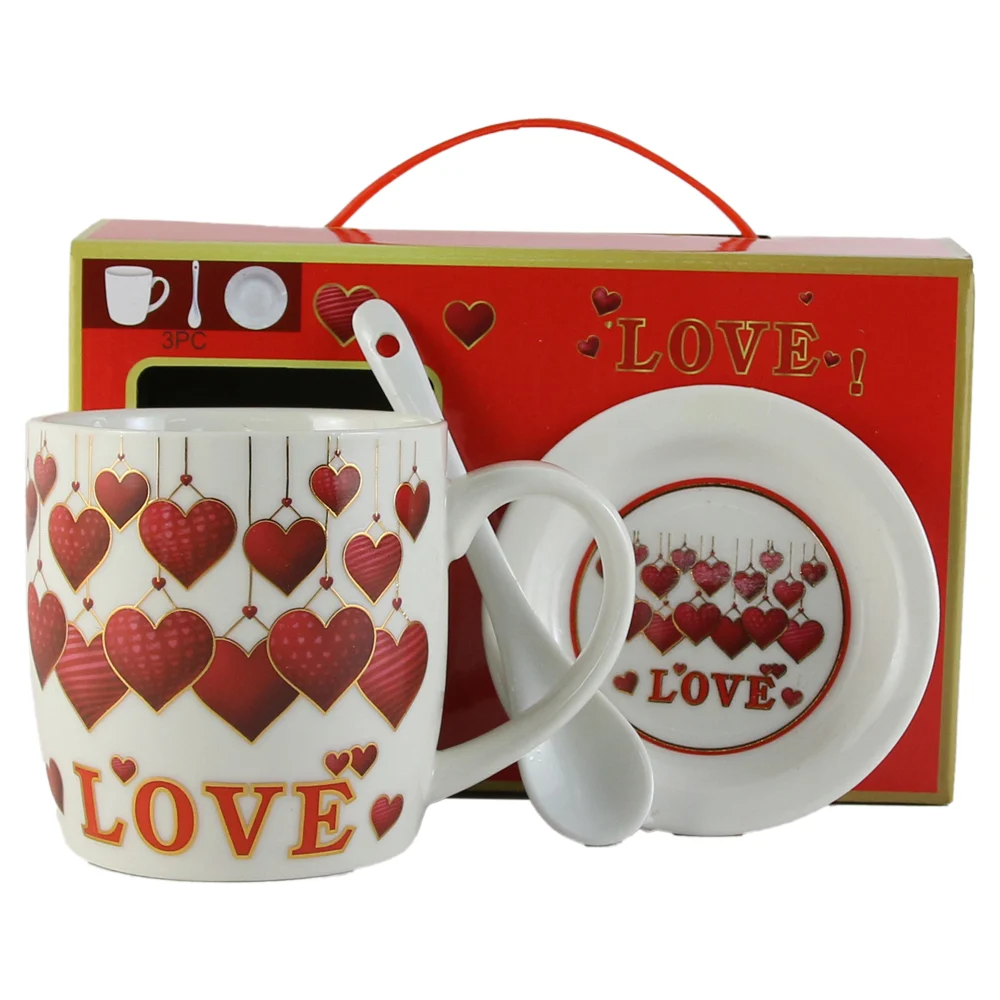 Cana cu farfurie si lingurita din ceramica Love inimioare 20 x 8 x 12 cm modele diferite [2]
