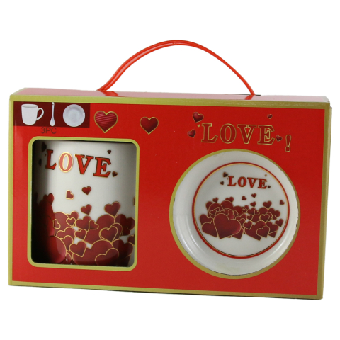 Cana cu farfurie si lingurita din ceramica Love inimioare 20 x 8 x 12 cm modele diferite [3]
