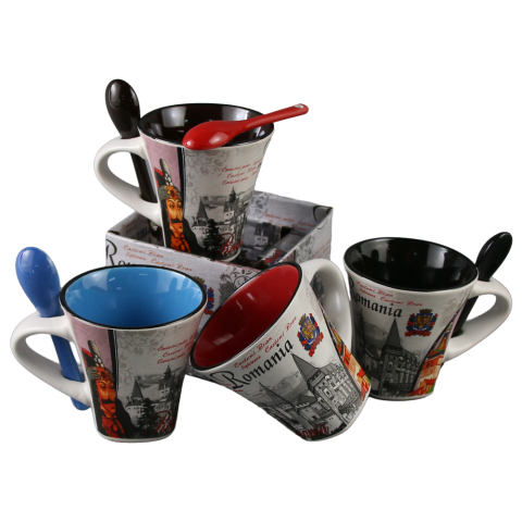 Noutăți Librăria Compas - Cana din ceramica cu lingurita Romania 90 ml 9 x 7 x 9 cm culori diferite