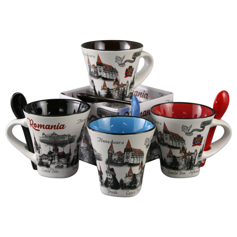 Noutăți Librăria Compas - Cana ceramica cu lingura Romania culori diferite 90 ml
